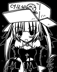  :o bare_shoulders boots box box_on_head breasts cardboard_box cross_print female goth_fashion greyscale long_hair looking_at_viewer monochrome o-ring pachira renkin_san-kyuu_magical_pokaan small_breasts solo twintails upper_body 