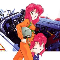  1990s_(style) aozora_shoujotai chibi chibi_inset cockpit deformed female helmet long_sleeves multiple_views one_eye_closed orange_eyes pilot_suit pink_hair retro_artstyle shimorenjaku_youko 