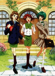  3girls ^_^ akizuki_meiko artist_request bag blazer book bow bowtie brown_hair brown_skirt building bush buttons closed_eyes coat flower grass green_bow green_bowtie green_hair green_skirt hair_ribbon holding holding_book house index_finger_raised jacket koishikawa_miki long_sleeves marmalade_boy multiple_girls outdoors own_hands_together path plant ponytail red_hair ribbon road school_bag school_uniform short_hair skirt stairs suzuki_arimi thighhighs v_arms window zettai_ryouiki 