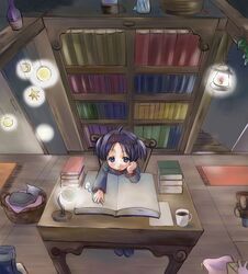  ahoge book book_stack cup feline female hairband head_rest indoors kazuto_izumi lamp lantern library long_sleeves original purple_hair quill reading sitting solo 