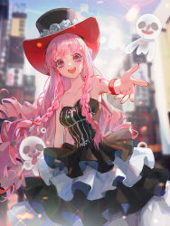  :d bare_shoulders black_dress black_hat braid breasts chinese_commentary cleavage commentary_request cowboy_shot devil_fruit_power dress dywx_poison female flower frilled_dress frills ghost hat hat_flower layered_dress long_hair low_twin_braids medium_breasts offering_hand one_piece open_mouth outdoors perona pink_eyes red_hat signature smile solo strapless strapless_dress teeth twin_braids two-sided_fabric two-sided_headwear upper_teeth_only very_long_hair 