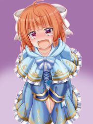  ahoge between_legs blue_bow blue_bowtie blue_capelet blue_dress blunt_bangs blush bow bowtie buttons capelet collarbone commentary_request dress embarrassed female frilled_capelet frilled_dress frills glint gradient_background hair_ribbon halftone hand_between_legs have_to_pee highres indie_virtual_youtuber long_hair long_sleeves miso_panda mole mole_under_eye nervous nose_blush oerba_yun_fang open_mouth orange_hair outline own_hands_together purple_background ribbon shindo_leo sidelocks simple_background smile solo standing striped striped_bow sweat tears two-tone_background v-shaped_eyebrows v_arms virtual_youtuber white_outline white_ribbon 