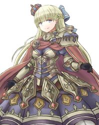  aoiyamagi4 armor bad_id bad_pixiv_id blonde_hair blue_bow blue_eyes bow braid breasts cape female hairbow long_hair looking_at_viewer mireille_(sennen_sensou_aigis) red_cape sennen_sensou_aigis simple_background smile solo standing tilted_headwear very_long_hair white_background 