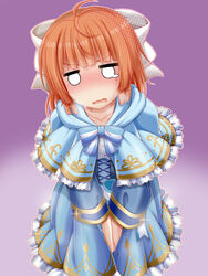  ahoge artistic_error between_legs blue_bow blue_bowtie blue_capelet blue_dress blunt_bangs blush bow bowtie buttons capelet collarbone commentary_request dress embarrassed female frilled_capelet frilled_dress frills glint gradient_background hair_ribbon halftone hand_between_legs have_to_pee highres indie_virtual_youtuber long_hair long_sleeves miso_panda mole mole_under_eye nose_blush o_o open_mouth orange_hair outline own_hands_together peeing peeing_self purple_background ribbon shindo_leo sidelocks simple_background solo standing steam striped striped_bow sweat tears thick_eyebrows two-tone_background v-shaped_eyebrows v_arms virtual_youtuber wavy_mouth white_eyes white_outline white_ribbon 