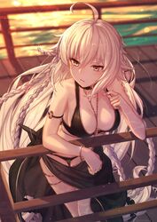  against_railing ahoge alternate_costume armlet bare_shoulders bikini bikini_top_only black_bikini bracelet braid breasts bridge choker cleavage closed_mouth commentary fate/grand_order fate_(series) female hair_between_eyes highres jeanne_d&#039;arc_alter_(fate) jeanne_d&#039;arc_alter_(festival_outfit)_(fate) jewelry large_breasts long_hair multiple_braids necklace official_alternate_costume pale_skin railing sarong solo sunset swimsuit thighlet thighs very_long_hair water white_hair wooden_bridge yachimoto yellow_eyes 