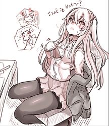  ... 1boy 2girls ? absurdres anger_vein blush bra breasts breath chair chibi chibi_inset clothes_pull collared_shirt commander_(girls&#039;_frontline) english_commentary english_text girls&#039;_frontline hair_ornament highres hk416_(girls&#039;_frontline) jacket long_hair monochrome multiple_girls off_shoulder office_chair one_side_up pantyhose peroronti s-head_commander scar scar_across_eye shirt shirt_pull short_hair simple_background skirt small_breasts sweat swivel_chair teardrop_facial_mark teardrop_tattoo ump45_(girls&#039;_frontline) underwear very_short_hair x_hair_ornament 