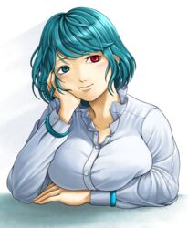  blue_eyes blue_hair breasts closed_mouth commentary_request female head_rest heterochromia highres large_breasts long_sleeves looking_at_viewer parasite_oyatsu realistic red_eyes shirt short_hair simple_background solo tatara_kogasa touhou upper_body white_background white_shirt 