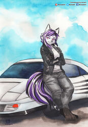  2020 absurd_res anthro biped bottomwear canid canine car clothing digitigrade female ferrari_testarossa fur hair hi_res jacket leaning_on_object leather leather_clothing leather_jacket leather_topwear looking_away mammal murazaki outside painting_(artwork) pants paws shirt smile solo topwear traditional_media_(artwork) vehicle watercolor_(artwork) 