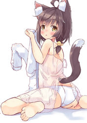  ahoge animal_ear_fluff animal_ears ass barefoot blue_shirt blush brown_eyes brown_hair butt_crack camisole cat_ears cat_girl cat_tail feet female from_behind highres looking_back manabe_mana original panties see-through shirt shirt_removed short_hair sitting soles solo strap_slip tail thighs toes underwear undressing white_camisole white_panties 