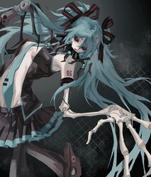  abstract_background aqua_hair aqua_necktie black_sclera bug calne_ca_(deino) cockroach colored_sclera cosplay crustacean female hatsune_miku hatsune_miku_(cosplay) highres horror_(theme) insect_on_head isopod jiao_chang mandibles necktie red_eyes skeletal_arm vocaloid 