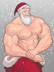  1boy abs ass bad_id bad_pixiv_id bara beard christmas facial_hair flexing hat highres hunterkay large_pectorals looking_at_viewer male_focus mature_male muscular muscular_male nipples old old_man original pectorals pose santa_claus santa_costume santa_hat side_chest_pose smile snow snowing solo topless_male undressing 