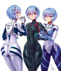  3girls :o ass ass_visible_through_thighs ayanami_rei black_bodysuit blue_bodysuit blue_hair bodysuit breast_press breasts commentary covered_navel dated evangelion:_3.0+1.0_thrice_upon_a_time evangelion:_3.0_you_can_(not)_redo hair_between_eyes headgear highres holding_another&#039;s_arm interface_headset looking_back looking_to_the_side medium_breasts michi_kuso multicolored_bodysuit multicolored_clothes multiple_girls multiple_persona neon_genesis_evangelion pilot_suit plugsuit rebuild_of_evangelion red_eyes science_fiction short_hair signature simple_background skin_tight smile standing two-tone_bodysuit white_background 