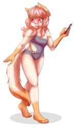  2019 3_toes 4_fingers absurd_res anthro barefoot breasts cellphone clothing cutout domestic_cat electronics feet felid feline felis female fingers fur hair hi_res inner_ear_fluff mammal murzikteijiro one-piece_swimsuit open_mouth orange_body orange_fur paws phone pink_eyes pink_hair pink_nose plantigrade shadow sharkini simple_background solo swimwear tan_body tan_fur toes tongue tuft white_background 