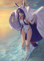  animal_ears arms_up beach breasts casual_one-piece_swimsuit cosplay covered_navel dark-skinned_female dark_skin facial_mark fate/grand_order fate_(series) female highres horizon jewelry light_smile long_hair low-tied_long_hair medium_breasts medjed_(fate) medjed_(fate)_(cosplay) necklace nitocris_(fate) nitocris_(swimsuit_assassin)_(fate) nitocris_(swimsuit_assassin)_(second_ascension)_(fate) one-piece_swimsuit purple_eyes purple_hair sidelocks solo sunset swimsuit tesin_(7aehyun) twilight very_long_hair wading water white_one-piece_swimsuit 