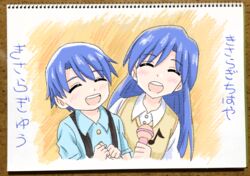  1boy absurdres aged_down blush brother_and_sister commentary drawing facing_viewer female highres idolmaster idolmaster_(classic) kisaragi_chihaya kisaragi_yuu_(idolmaster) lolicon long_hair microphone munbato_(watari_megumi) open_mouth siblings sketchbook smile suspenders 