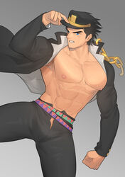  1boy abs absurdres bad_id bad_pixiv_id bara black_hair blue_eyes chains coat gakuran hat highres hunterkay jojo_no_kimyou_na_bouken kujo_jotaro large_pectorals long_coat looking_at_viewer male_focus muscular muscular_male nipples open_clothes open_coat pectorals school_uniform solo stardust_crusaders thick_thighs thighs 