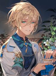  1boy bad_id bad_twitter_id blonde_hair blue_bow blue_bowtie blue_shirt bow bowtie chyoel cup ensemble_stars! flower green_eyes hair_between_eyes highres holding jacket kerchief korean_commentary long_sleeves looking_at_viewer male_focus open_clothes open_jacket shirt short_hair smile solo teacup tears tenshouin_eichi upper_body white_flower white_jacket 