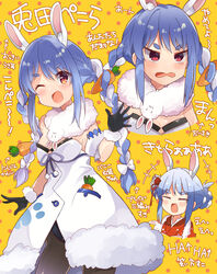  ;o angry animal_ear_fluff animal_ears bare_shoulders black_gloves black_leotard black_pantyhose blue_hair blush braid breasts carrot_hair_ornament coat coat_dress cowboy_shot detached_sleeves don-chan_(usada_pekora) dress female food-themed_hair_ornament fur-trimmed_coat fur-trimmed_gloves fur_scarf fur_trim gloves hair_ornament hidejiu highres hikimayu hololive leotard leotard_under_clothes long_hair multicolored_hair multiple_views one_eye_closed orange_eyes pantyhose playboy_bunny puffy_short_sleeves puffy_sleeves rabbit_ears scarf short_eyebrows short_sleeves small_breasts strapless strapless_dress strapless_leotard swept_bangs tearing_up thick_eyebrows translated twin_braids twintails two-tone_hair usada_pekora usada_pekora_(1st_costume) virtual_youtuber waving white_coat white_hair white_scarf white_sleeves 