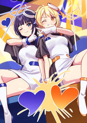  2girls asaka_karin blonde_hair blue_eyes blue_hair commentary crossed_legs deadnooodles diverdiva dress eternal_light_(love_live!) gloves heart high_heels highres love_live! love_live!_nijigasaki_high_school_idol_club miyashita_ai multiple_girls one_eye_closed orange_eyes pointing reverse_palettes sitting smile symbol-only_commentary v v-shaped_eyebrows white_dress white_footwear white_gloves 