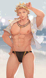  1boy abs bara beach blonde_hair blue_eyes day eyewear_on_head feet_out_of_frame granblue_fantasy highres jewelry ketanbakar large_pectorals male_focus male_swimwear muscular muscular_male navel necklace nipples official_alternate_costume open_clothes open_shirt outdoors pectorals seofon_(eternal&#039;s_summer_vacation)_(granblue_fantasy) seofon_(granblue_fantasy) shirt short_hair smile solo summer sunglasses swim_briefs thick_thighs thighs twitter_username white_shirt 