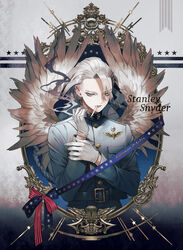  1boy absurdres blue_eyes buttons cigarette commentary_request copyright_name cross dr._stone feathered_wings formal gloves grey_background highres hs2 jacket long_sleeves male_focus medal military military_uniform mouth_hold smoking solo spoilers stanley_snyder_(dr.stone) star_(symbol) uniform white_gloves white_hair wings 