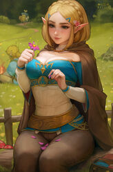  2boys artist_logo bad_id bad_pixiv_id beedle blonde_hair blue_shirt blue_tunic blurry blurry_background braid breasts brown_cape brown_pants campfire cape champion&#039;s_tunic_(zelda) closed_mouth commentary crown_braid english_commentary female flower green_eyes hair_flower hair_ornament hairclip highres holding holding_flower kittew link lips long_sleeves multiple_boys musical_note off-shoulder_shirt off_shoulder outdoors paid_reward_available pants patreon_username petals pink_flower plucking_petals pointy_ears princess_zelda shirt short_hair sitting smile sparkle textless_version the_legend_of_zelda the_legend_of_zelda:_tears_of_the_kingdom 