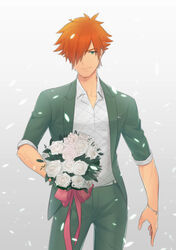  1boy alternate_costume bad_id bad_pixiv_id bouquet fate/extra fate/grand_order fate_(series) flower formal green_eyes green_suit hair_over_one_eye highres hunterkay looking_at_viewer male_focus orange_hair petals robin_hood_(fate) smile solo suit white_flower 