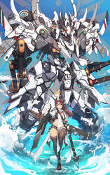  absurdres belt black_legwear brown_hair cloud covered_navel expressionless female full_body halo hand_on_hilt headgear highres holding holding_polearm holding_shield holding_weapon horns katana looking_at_viewer mecha mechanical_halo mechanical_horns original outdoors polearm red_eyes robot shield spear standing sword syaha thighhighs thighs water weapon 