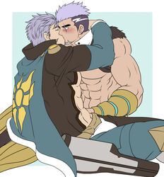  2boys abs abs_cutout arms_around_neck bad_id bad_pixiv_id bara blue_capelet blush capelet couple dark-skinned_male dark_skin eyebrow_cut facial_hair flat_color goatee gyee kissing long_sideburns male_focus mature_male multiple_boys muscular muscular_male pectoral_docking pectoral_press pectorals purple_hair revealing_clothes scar scar_across_eye short_hair sideburns sidepec sitting stomach su_(gyee) sunfight0201 thick_eyebrows undercut yan_(gyee) yaoi 