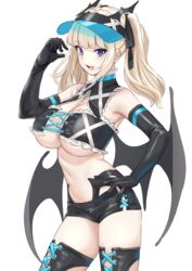  arm_up armpits bare_shoulders black_gloves black_shorts black_thighhighs blonde_hair blue_eyes blush breasts cleavage commentary contrapposto cowboy_shot crop_top demon_wings elbow_gloves female frills gloves hair_ribbon hand_on_own_hip highres large_breasts light_blonde_haired_girl_(michihasu) long_hair looking_at_viewer michihasu midriff navel open_mouth original ribbon short_shorts shorts sidelocks simple_background sleeveless solo standing stomach thighhighs thighs twintails underboob visor_cap white_background wings 