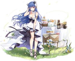  alternate_costume armlet azur_lane bangs blue_eyes blue_hair blush breasts cake choker dress eyebrows_visible_through_hair feathers female floating_hair food full_body gold hair_feathers hair_tucking heterochromia high_heels horns ibuki_(azur_lane) ibuki_(snow_on_the_wind)_(azur_lane) lace lace_choker large_breasts leaning_forward long_hair looking_at_viewer maya_g official_art red_eyes sapphire_(gemstone) sideboob sidelocks solo strapless strapless_dress table tachi-e transparent_background white_dress wind wrist_wrap 