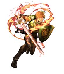  1boy akira_(kaned_fools) armor astram_(fire_emblem) belt blonde_hair boots brown_eyes fire fire_emblem fire_emblem:_mystery_of_the_emblem fire_emblem_heroes full_body gloves highres male_focus mercurius_(fire_emblem) official_art open_mouth shield solo sparkle sword teeth transparent_background weapon 