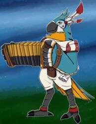  anthro avian bandoneon beak breath_of_the_wild feathered_wings feathers feet hi_res holding_musical_instrument holding_object kaiserr kass_(tloz) looking_at_viewer male multicolored_body multicolored_feathers music musical_instrument nintendo outside rito smile solo standing talons the_legend_of_zelda toes wings yellow_eyes 