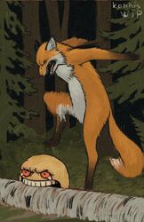  ambiguous_gender angry anthro biped birch_tree bite canid canine curb_stomping detailed_background duo emoji fairy_tales forest fox fox_(kolobok) fur humor imminent_death kolobok kolobok_(story) konhis log mammal meme motion_blur multicolored_body multicolored_fur open_mouth orange_body orange_fur painting_(artwork) parody plant red_eyes red_fox red_sclera russian_fairy_tales semi-anthro signature teeth traditional_media_(artwork) tree true_fox unfinished violence what wood 