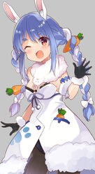  ;o absurdres animal_ear_fluff animal_ears bare_shoulders black_gloves black_leotard black_pantyhose blue_hair blush braid breasts carrot_hair_ornament coat coat_dress cowboy_shot detached_sleeves don-chan_(usada_pekora) dress female food-themed_hair_ornament fur-trimmed_coat fur-trimmed_gloves fur_scarf fur_trim gloves grey_background hair_ornament hidejiu highres hikimayu hololive leotard leotard_under_clothes long_hair multicolored_hair one_eye_closed orange_eyes pantyhose playboy_bunny puffy_short_sleeves puffy_sleeves rabbit_ears scarf short_eyebrows short_sleeves simple_background small_breasts solo strapless strapless_dress strapless_leotard swept_bangs thick_eyebrows twin_braids twintails two-tone_hair usada_pekora usada_pekora_(1st_costume) virtual_youtuber waving white_coat white_hair white_scarf white_sleeves 