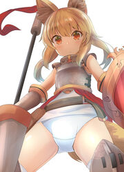  animal_ear_fluff animal_ears armor aru_(arudes) blonde_hair breastplate brown_eyes female fox_ears fox_tail lance legs_apart low_twintails one-piece_swimsuit original polearm school_swimsuit shield short_hair simple_background solo swimsuit swimsuit_under_clothes tail thighhighs thighs twintails weapon white_background white_one-piece_swimsuit white_thighhighs 