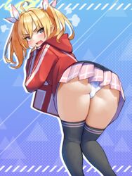  ahoge ass black_thighhighs blonde_hair blue_archive blue_background blush commentary female grey_eyes halo highres hoyhoy_colo jacket looking_at_viewer medium_hair oerba_yun_fang open_mouth panties simple_background skirt solo thighhighs thighs track_jacket underwear upskirt white_panties yoshimi_(blue_archive) 