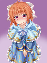  ahoge between_legs blue_bow blue_bowtie blue_capelet blue_dress blunt_bangs blush bow bowtie buttons capelet collarbone commentary_request dress embarrassed female frilled_capelet frilled_dress frills glint gradient_background hair_ribbon halftone hand_between_legs have_to_pee highres indie_virtual_youtuber long_hair long_sleeves miso_panda mole mole_under_eye nose_blush open_mouth orange_hair outline own_hands_together purple_background red_eyes ribbon shindo_leo sidelocks simple_background solo standing striped striped_bow sweat tears two-tone_background v_arms virtual_youtuber wavy_mouth white_outline white_ribbon 