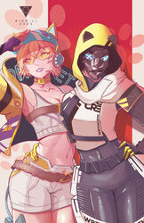  2girls absurdres animal_ear_headphones animal_ears apex_legends black_bodysuit black_gloves bodysuit cat_ear_headphones cat_mask choker collarbone crop_top english_commentary fake_animal_ears gloves grey_shorts grey_tank_top hand_on_another&#039;s_hip hand_on_own_hip headphones highres hood hood_up hooded_jacket jacket looking_at_viewer looking_to_the_side mask midriff multiple_girls navel official_alternate_costume purple_gloves purple_headwear ridd-li salute scar scar_on_cheek scar_on_face scar_on_stomach shorts smile sunglasses tank_top thunder_kitty_wattson visor_cap void_prowler_wraith wattson_(apex_legends) wraith_(apex_legends) yellow_choker 