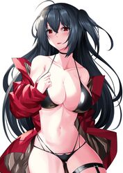  azur_lane bare_shoulders bikini black_bikini black_choker black_hair blush breasts choker cleavage commentary female hair_between_eyes highres jacket large_breasts long_hair looking_at_viewer navel official_alternate_costume race_queen red_eyes red_jacket solo swimsuit taihou_(azur_lane) taihou_(enraptured_companion)_(azur_lane) thigh_strap yan_lie 