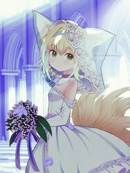  alternate_costume animal_ears arcade_(architecture) arch arknights black_collar blonde_hair blue_hairband blush bouquet bridal_veil collar commission dress dress_flower female flower fox_ears fox_girl fox_tail from_side green_eyes hairband highres holding holding_bouquet indoors infection_monitor_(arknights) kitsune kyuubi lily_of_the_valley looking_at_viewer mikoko1 multicolored_hair multiple_tails off-shoulder_dress off_shoulder purple_flower purple_rose rose skeb_commission smile solo streaked_hair suzuran_(arknights) tail veil wedding_dress white_dress white_flower white_hair white_veil 