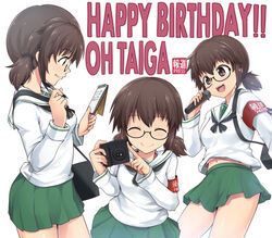  :q armband bag black-framed_eyewear black_neckerchief blouse brown_eyes brown_hair camera carrying character_name closed_mouth english_text facing_viewer female from_side girls_und_panzer glasses green_skirt hair_tie happy_birthday holding holding_camera holding_microphone holding_notepad holding_pen kasai_shin long_sleeves microphone miniskirt multiple_views navel neckerchief notepad ooarai_school_uniform open_mouth ou_taiga pen pleated_skirt satchel school_uniform semi-rimless_eyewear serafuku shirt short_hair skirt smile standing tongue tongue_out twintails under-rim_eyewear white_background white_shirt 