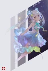  :o aqua_bow aqua_bowtie aqua_ribbon armpit_crease artist_logo backlighting bare_arms bare_shoulders blue_dress bow bowtie bright_pupils brown_eyes character_name clenched_hand collared_dress dress expressionless female flying frilled_dress frilled_shirt_collar frills from_side full_body gradient_hair gradient_ribbon grey_background hair_ornament hair_scrunchie high_collar highres kemono_friends kemono_friends_3 layered_dress leg_up long_hair looking_at_viewer looking_to_the_side mucchiri_shiitake multicolored_clothes multicolored_dress multicolored_hair multicolored_ribbon negative_space no_shoes outstretched_arm parted_lips purple_dress ribbon scrunchie skyfish_(kemono_friends) sleeveless sleeveless_dress socks solo star_(sky) swept_bangs tail tareme twintails very_long_hair white_dress white_hair yellow_ribbon 