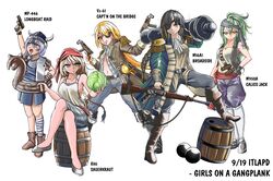  5girls assault_rifle bandana cabbage cannon cannonball character_name cleaver english_text eyepatch g36_(girls&#039;_frontline) girls&#039;_frontline gun international_talk_like_a_pirate_day m16 m16a1 m16a1_(girls&#039;_frontline) m950a_(girls&#039;_frontline) mp-446_(girls&#039;_frontline) multiple_girls over_shoulder pirate pirate_costume rifle skorpion_(girls&#039;_frontline) skorpion_vz._61 submachine_gun viking weapon weapon_over_shoulder wtfman 