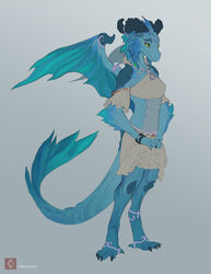  amarian anthro bottomwear bracelet breasts clothing dragon feet female furgonomics green_eyes horn jewelry mythological_creature mythological_scalie mythology non-mammal_breasts prehensile_feet scalie simple_background skirt smile solo standing tail tail_through_skirt toes wings 