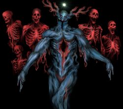  1other absurdres antlers black_background blood chainsaw_man dark dark_background faceless facing_viewer future_devil_(chainsaw_man) highres hole_on_body horns no_eyes skeleton solo witnesstheabsurd 