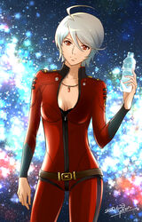  ahoge bodysuit bottle breasts cleavage closed_mouth collarbone cowboy_shot dated female grey_hair hair_between_eyes holding holding_bottle jewelry medium_breasts necklace open_bodysuit open_clothes partially_unzipped pilot_suit red_bodysuit red_eyes science_fiction short_hair signature smile solo standing starry_background uchuu_senkan_yamato uchuu_senkan_yamato_2199 water_bottle yamamoto_akira yokon2199 