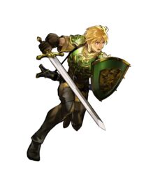  1boy akira_(kaned_fools) armor astram_(fire_emblem) belt blonde_hair boots brown_eyes fire_emblem fire_emblem:_mystery_of_the_emblem fire_emblem_heroes full_body gloves highres male_focus mercurius_(fire_emblem) official_art open_mouth shield solo sword teeth transparent_background weapon 