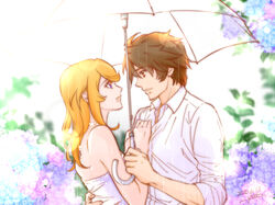  1boy blonde_hair blue_flower brown_eyes brown_hair collared_shirt couple day dress_shirt eye_contact female flower holding holding_umbrella hydrangea kodai_susumu lens_flare long_hair looking_at_another mori_yuki outdoors parted_lips pink_flower rain shared_umbrella shirt sleeves_rolled_up smile straight transparent transparent_umbrella uchuu_senkan_yamato uchuu_senkan_yamato_2199 umbrella upper_body wet wet_clothes wet_shirt white_shirt wing_collar yokon2199 