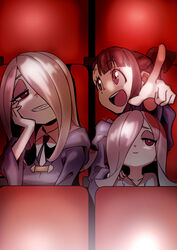  3girls blunt_bangs brown_hair chair commentary_request dual_persona enoki-kou eyeshadow grin hair_over_one_eye half-closed_eyes hand_on_own_cheek hand_on_own_face kagari_atsuko light little_witch_academia long_hair luna_nova_school_uniform makeup multiple_girls open_mouth pink_hair pointing red_eyes robe school_uniform sharp_teeth sitting smile sucy_manbavaran teeth theater wide_sleeves 